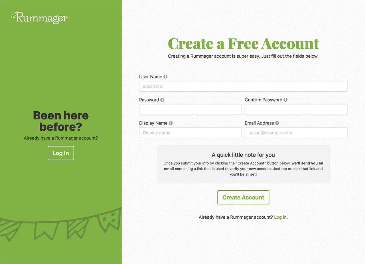 Rummager.com account creation page